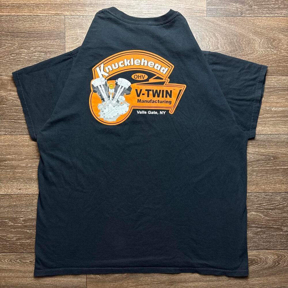 Black Harley Davidson V-Twin Manufacturing Tee; Orange Engine Graphic